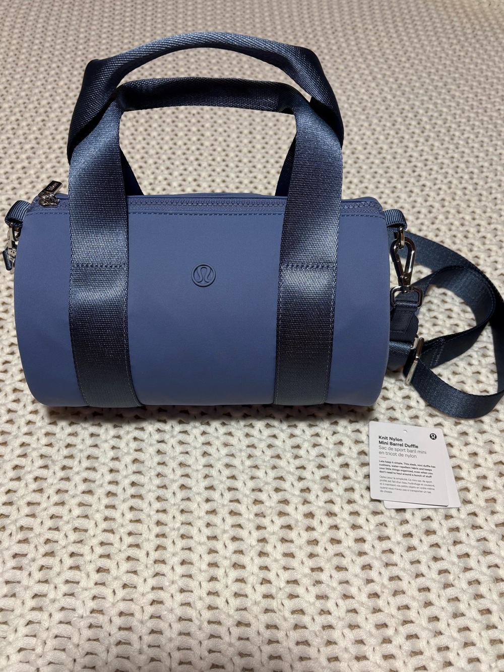 lululemon oasis blue knit nylon mini barrel duffle